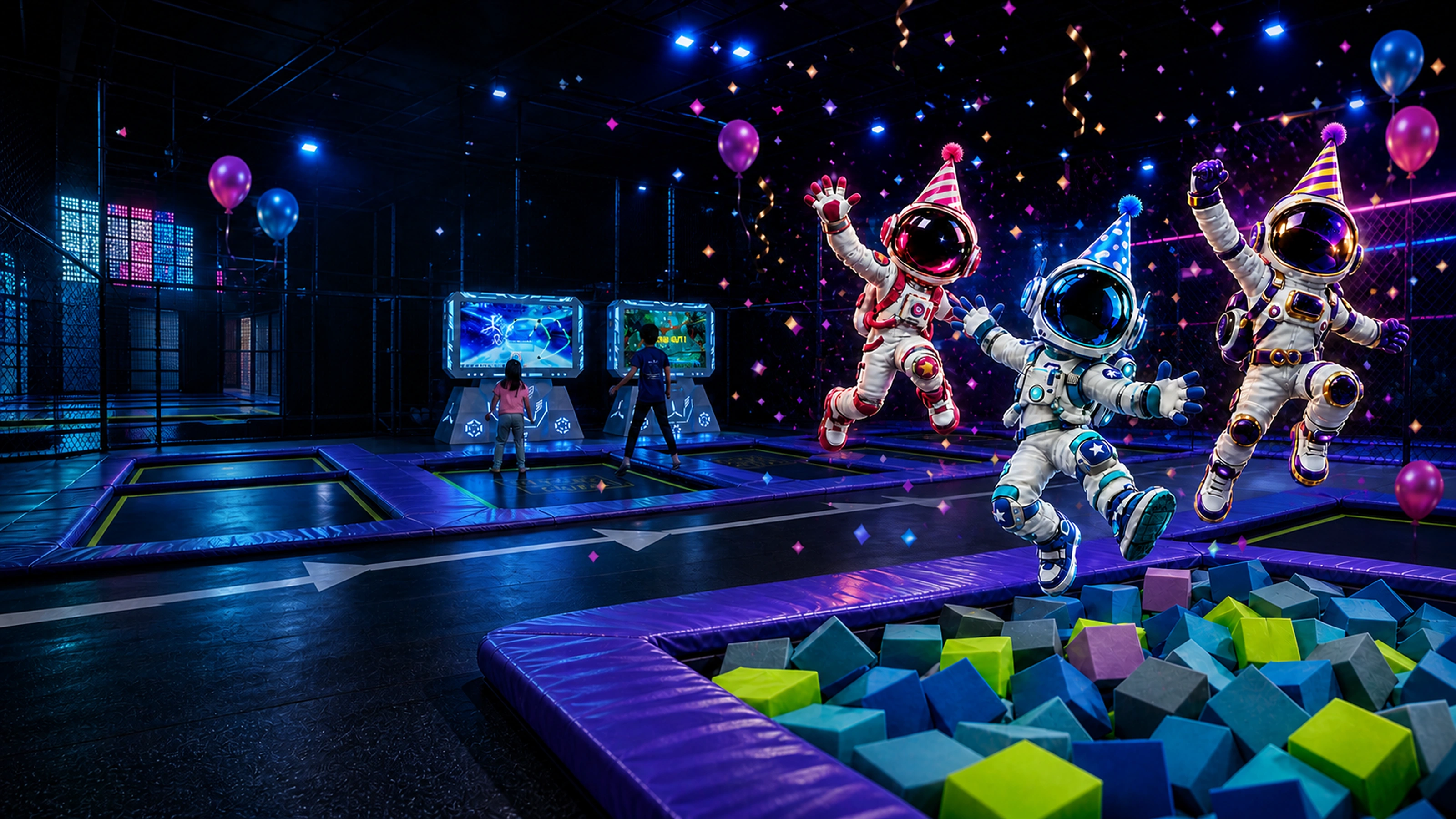 Tres astronautas de fiesta sobre las pantallas interactivas y la piscina de espuma reales de Space Zone Jump Valencia